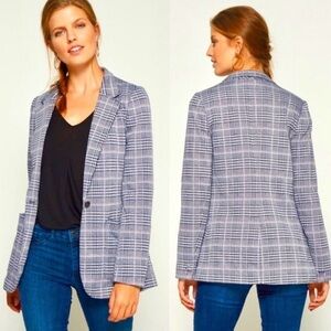 Gap 12 Blue Houndstooth Plaid Modern Boyfriend Blazer Jacket One Button